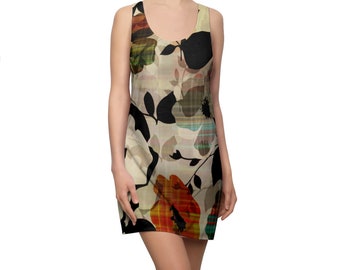 Puede incluir: Un vestido sin mangas con estampado floral que presenta siluetas negras de flores y hojas sobre un fondo beige con toques de naranja, verde y azul.