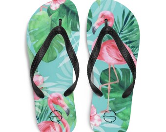 Roze flamingo, groen, palmbomen, zomerpret, schoenen, schoeisel, strandkleding, vrouw, slippers, best verkopende, trendy, tropische, moeder geschenken