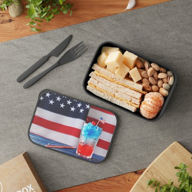 Patriotic lunch box, red white and blue meal box, plastic food container, fun drink, PLA Bento Box with Band and Utensils