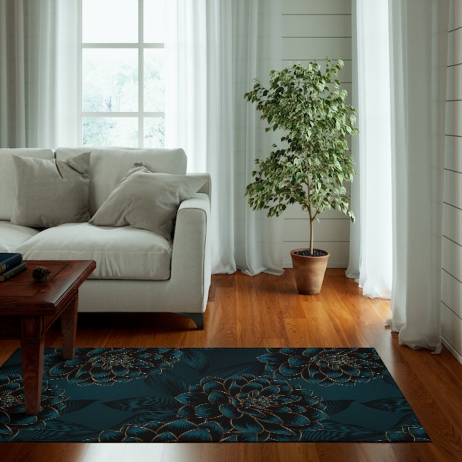 Teal Flower Pattern Dornier Rug, Area Rug, Bedroom Rug, Elegant Flower ...
