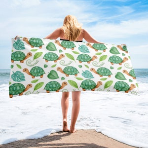 Beach Towel, Bath Towel, Turtles, Leaves, Green, Accessory, Summer, drying cloth, great gift, Vacation, trendy pattern, Best selling