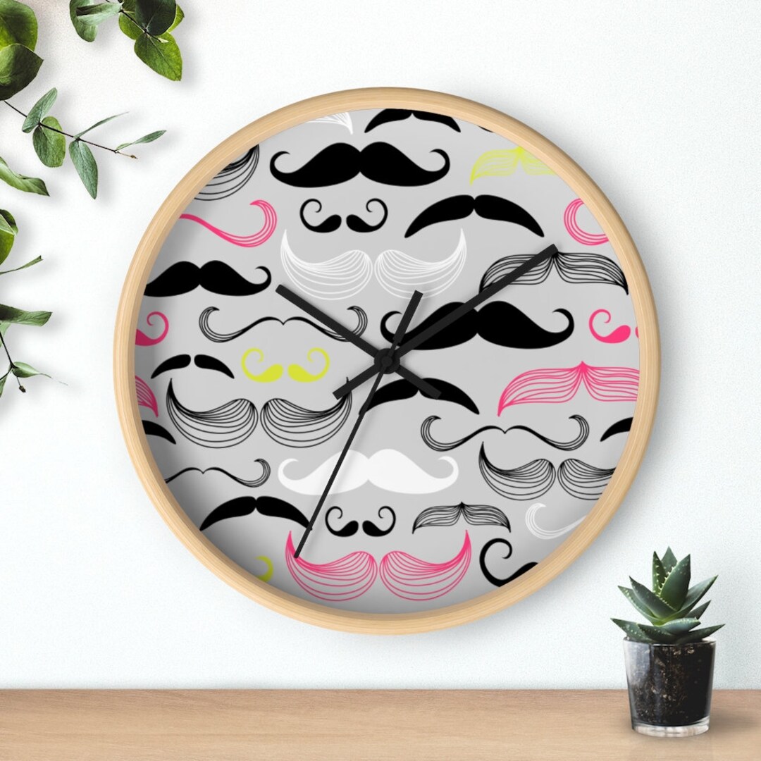 Mustache Clock, Wall clock, Novelty clock, home decor, pink and yellow Novelty clock Mustache