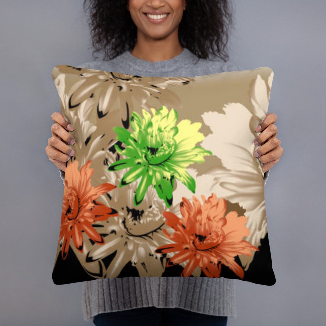 Throw Pillow, Accent Pillow, Flower, Black and Beige, Washable Pillow