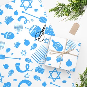 Hanukkah, Wrapping Paper, one sheet 24" x 36" Menorah, Dreidel, Star of David, gift wrap, best seller, Holiday, wrapping presents, blue