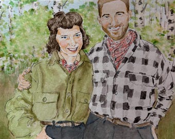 Retrato conmemorativo, pintura de acuarela personalizada pintada a mano a partir de una foto o imagen