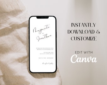 May include: A white smartphone mockup displaying a wedding invitation template with the names "Magerete + Jonathan" and the text "We request the honour of your presence on our wedding day" followed by the date, location, and RSVP information. The text "INSTANTLY DOWNLOAD & CUSTOMIZE" and "EDIT WITH Canva" are displayed on the right side of the image.