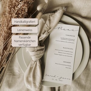 Menükarte / Leinenweiss / Hochzeit / Individuell beschriftet / schwarze Schrift / gedruckt, kalligrafiert / personalisiert / Tinte / Boho