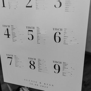 May include: A black and white seating chart for a wedding reception. The chart lists the names of guests assigned to each table, numbered 1 through 9. The chart is titled "Alexis & Kian" and the date "26.08.2023".