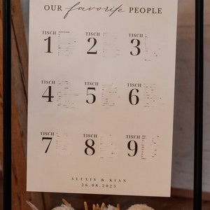 May include: A white sign with black text that reads "OUR favorite PEOPLE" and lists table numbers 1 through 9. The sign is hanging on a black metal stand. The text at the bottom of the sign reads "ALEXIS & KIAN 26.08.2023".