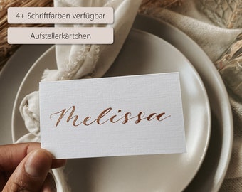 Platzkarten Hochzeit Leinenweiß | personalisierte Namensschilder handgeschrieben mit Kalligrafie | goldene Schrift | elegante Tischdeko