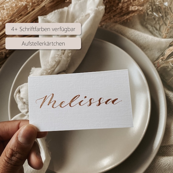 Platzkarten | Leinenweiss | Namensschilder | Hochzeit | Individuell beschriftet | handgeschrieben | kalligrafiert | handbeschriftet | Gold