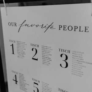 May include: A black and white seating chart with the text "Our favorite people" at the top. The chart lists tables numbered 1 through 5 with names of guests listed under each table number.
