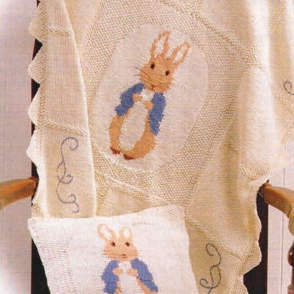 peter rabbit throw cot cover and cushion cover double knit knitting pattern pdf instant digital download