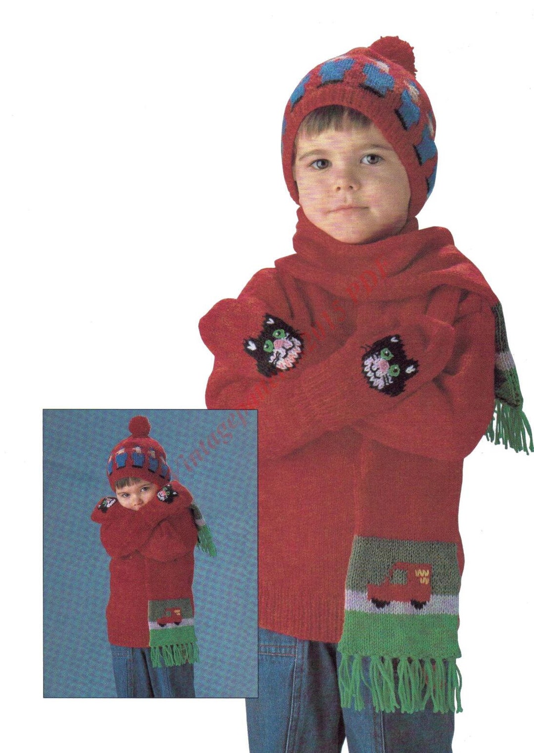 Boys Postman Pat and Jess the Cat Hat Scarf and Mittens Set Double Knit Knitting Pattern Pdf 234