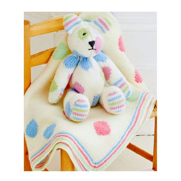 baby spotty blanket and teddy bear double knit knitting pattern pdf instant digital download