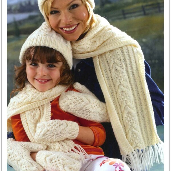 womens /  childrens hat scarf and mittens Aran knit knitting pattern pdf instant digital download