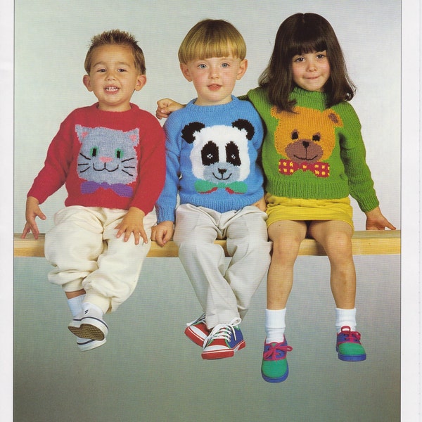 children's girls boys animal motif sweaters jumpers double knit knitting pattern pdf instant digital download