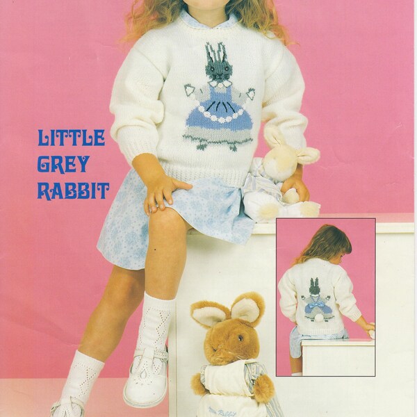 childrens girls bunny rabbit motif sweater double knit knitting pattern pdf instant download