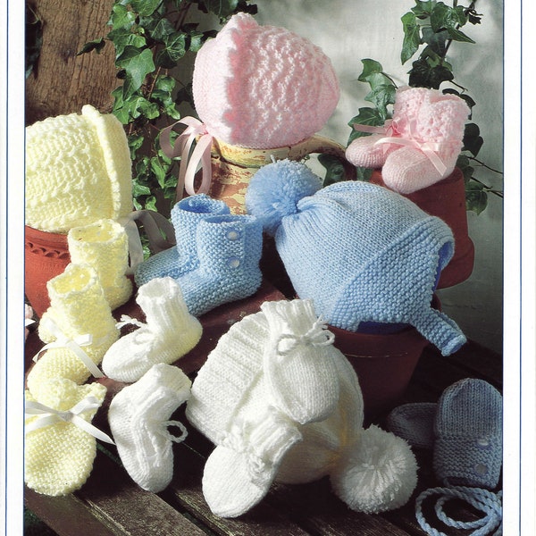 baby boy girl bonnet cap helmet booties mittens double knit knitting pattern prem - 12 months pdf