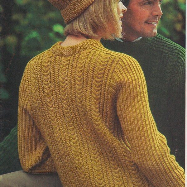 women's men's his and her cable sweater and hat double knit or 4 ply knitting pattern pdf instant download