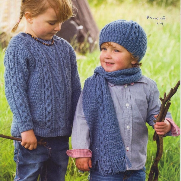 baby children's girls boys cabled sweater hat and scarf Aran knit knitting pattern pdf instant digital download