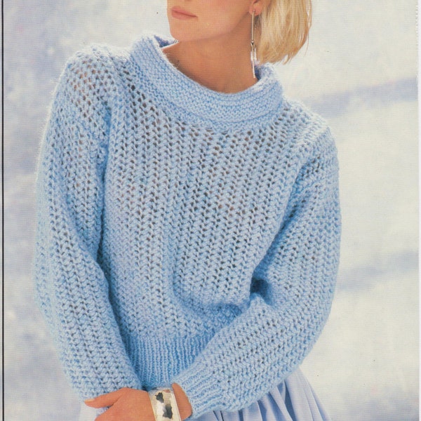 women's ladies easy knit drop shoulder sweater jumper chunky knit knitting pattern pdf instant digital download