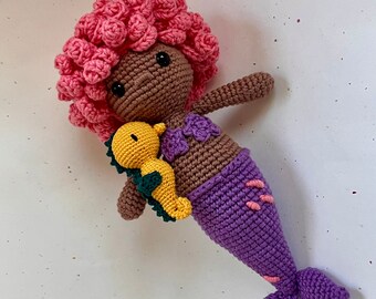 Crochet mermaid doll with seahorse, handmade mermaid