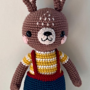 Handmade Crochet Bunny – Amigurumi Plush Toy with Suspenders, Soft Stuffed Animal Gift