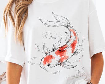Koi Fish Watercolor Art T-shirt with Japanese Aesthetic Design for Nature Lovers - Zen Inspired Graphic Tee