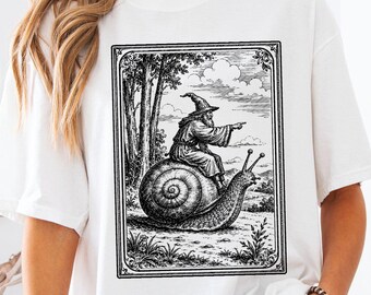 Whimsical Wizard with Snail Graphic Tee - Vintage Fantasy Art for Magical Adventure Enthusiasts - Enchanting Illustration Shirt