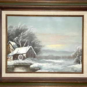Vintage Oil Painting Signed Framed Great Texture Snow Mountains Cabin Trees Lake Pond Winter Nature Landscape Artist Perry - Wood Frame