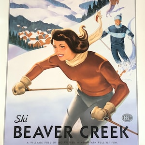 Litografía original de Beaver Creek, póster vintage de vacaciones en la estación de esquí de Columbia Británica, tamaño grande, 41 x 30,25 pulgadas, auténtica, de alta calidad, en excelente estado.