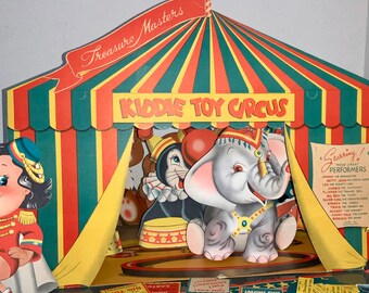 TOY CIRCUS 1940s die cut circus ringmaster toy - COMPLETE - great condition clowns elephants zebras Treasure Masters Kiddie Toy Circus