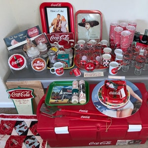 Giant Lot of Vintage Coca Cola Collectibles Night Light Metal Tray Coasters Picnic Utensils Cups Plates Bowls Jars vintage soda advertising