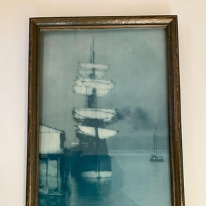 Antyczna litografia Portland Harbor na przełomie wieków, antyczna oprawiona sztuka, statki, łodzie rybackie, Ocean Spokojny, północno-zachodnia część, 11"x16"