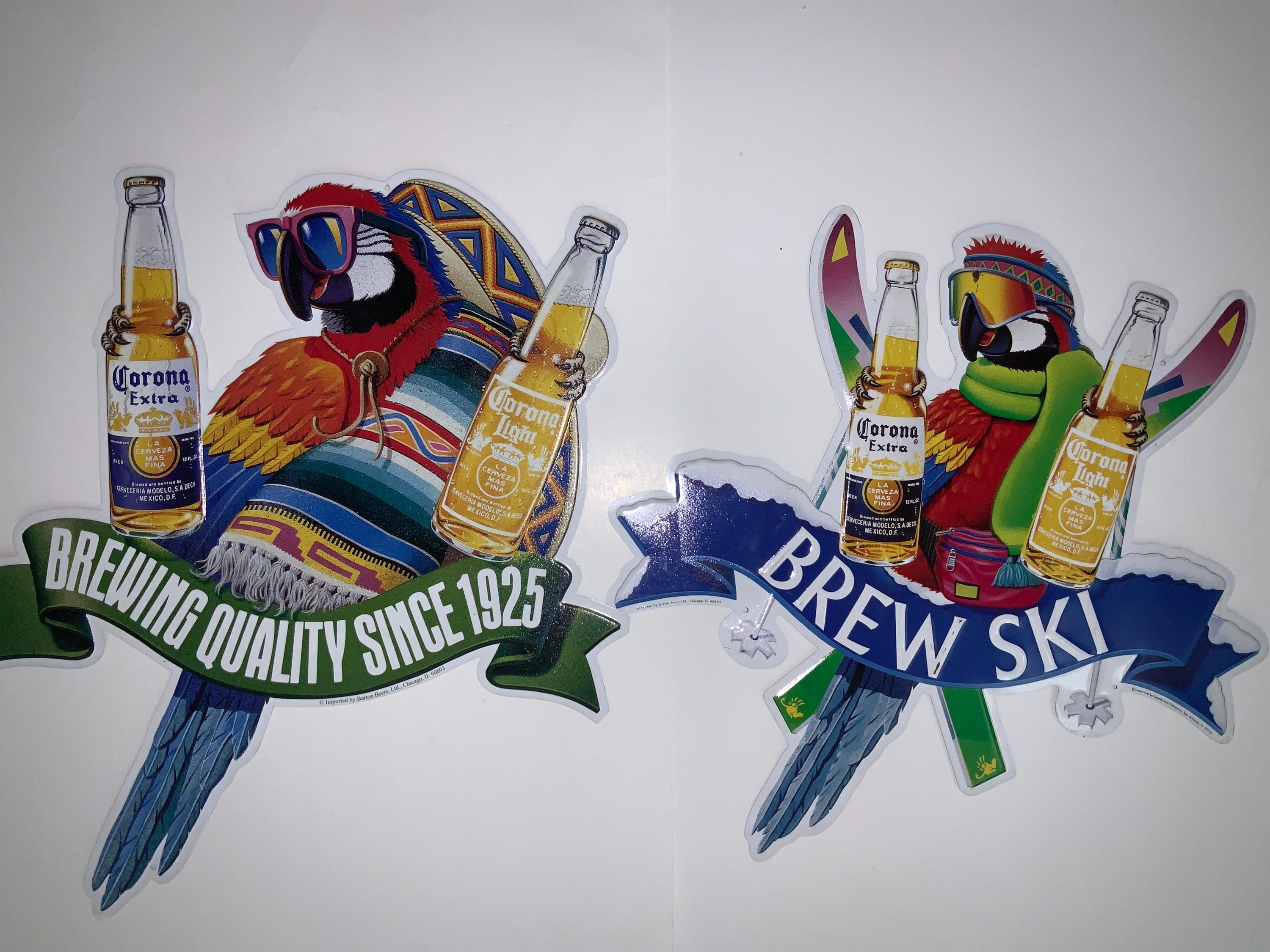 CORONA Metal Sign Beer Advertising Skiing Parrot BREW SKI Embossed
