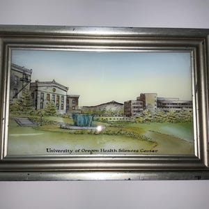 May include: A framed landscape painting of the University of Oregon Health Sciences Center. The artwork depicts buildings, trees, and a fountain in a park-like setting. The frame is silver-colored and has a distressed finish.