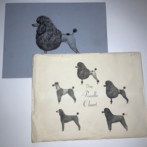 May include: A vintage guide to poodle grooming, featuring five black and white illustrations of poodles in different styles. The text reads "The Poodle Chart".