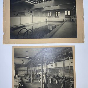 May include: Two black and white photographs. The top photo shows an indoor swimming pool with a skylight. The bottom photo shows a workshop with several lathes.