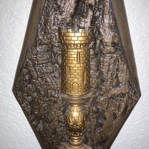 Knights Castle Wooden Wall Hanging Sculpture Plaque Gold Castles Real Wood Medieval Decor Burwood Products Co USA 22.5&quot; x 7.5&quot; 1970s