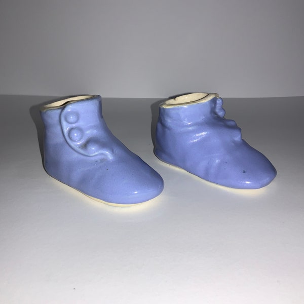 Pottery Planters vintage ceramic button shoes USA Pottery art handmade miniature shoes blue baby shoes clay pot plant pots matching pair