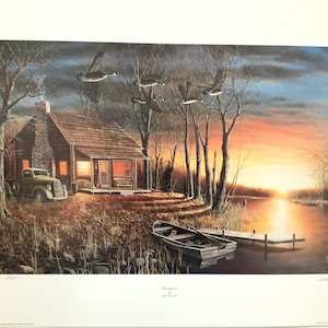 Signed Jim Hansel Numbered Art Print Poster 25.5&quot; x 18.5&quot; Sundown sunset nature cabin woods lake Ford Truck quality print great condition