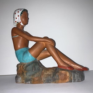 GOLDSCHEIDER Terracotta art deco bathing suit model figurine sculpture beautiful Italian pottery hand painted antique figurines 8.5&quot; x 8&quot;