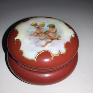 1800s T V Limoges Signed Trinket Box Hand Painted Gold Red Decorative Porcelain - Rainbow Clouds Musicians Red Heaven Angels Cherub Box