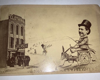 Ho For Jackson CDV Advertising Cabinet Card AMAZING Cropped Art Velocipede Penny Farthing Bicycles Animals Top-Hat Wagons Iowa American West