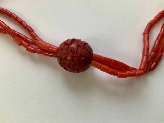Old Carved Cinnabar Flower Pendant Amulet and Cor… - image 7
