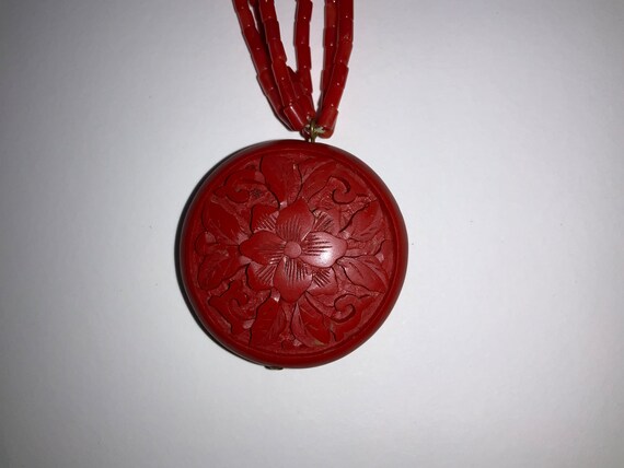 Old Carved Cinnabar Flower Pendant Amulet and Cor… - image 5