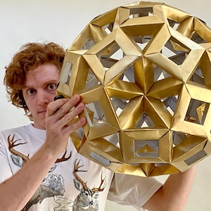Gold pyramid mobile hanging art sculpture geometric spheres shapes mobiles mid century style mcm design math architecture engineering XL