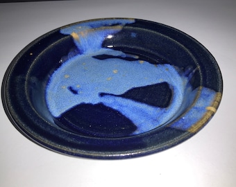 Vintage Blue Gold Ceramic Fine Art Handmade Studio Pottery 7” Art Plate Tray Dish Wonderful Ocean Blue Swirled Glaze Metallic Gold Accent