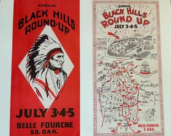 Antique Wild West Show Black Hills Roundup Indian Chief Cowboy Rodeo South Dakota Native Americans Cow Poke Map Wall Art Wall Decor Poster